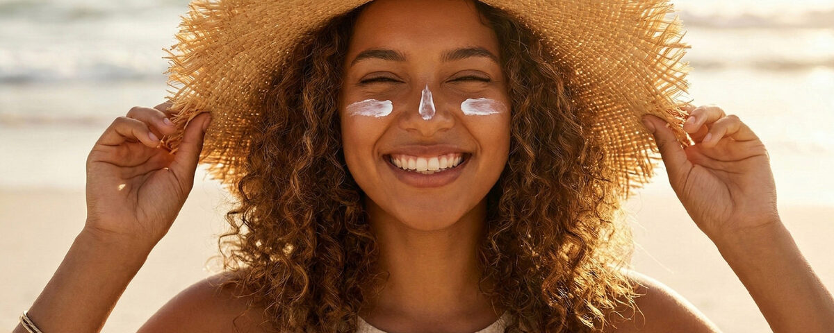 Donna al mare con un cappello di paglia e della crema solare su guance e naso