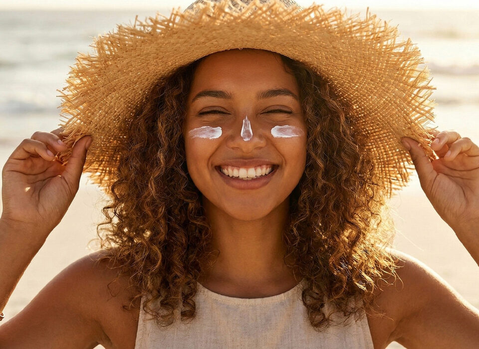 Donna al mare con un cappello di paglia e della crema solare su guance e naso