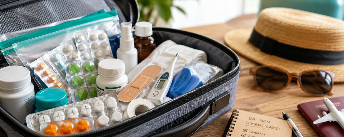 Valigia piena di farmaci e oggetti medici per le vacanze