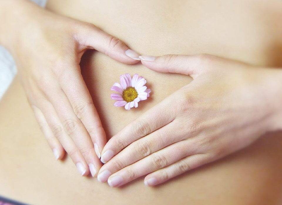 Mani di una donna posizionate a forma di cuore sull'addome, con un piccolo fiore al centro
