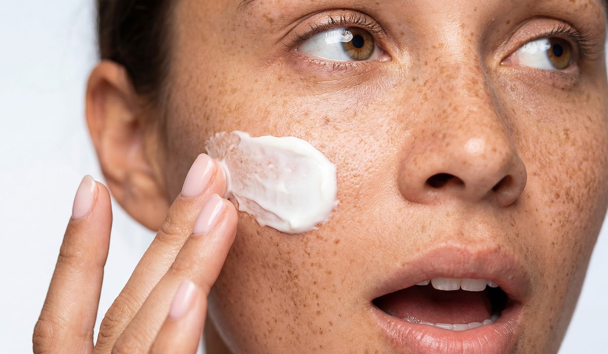 Dettaglio del viso di una donna con lentiggini mentre applica una crema idratante o detergente bianca sulla guancia.